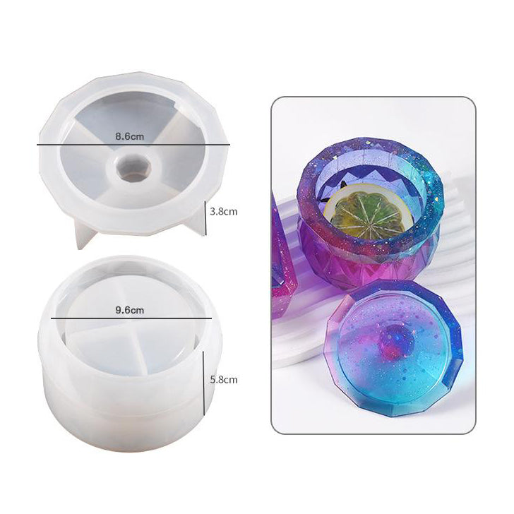 A silicon mould for making a storage jar. The image shows the mould from different angles, with one view focusing on the internal shape of the mould to create a smooth finish for resin casting, and another view displaying the finished product, which appears to be a decorative storage jar with a colorful lid.