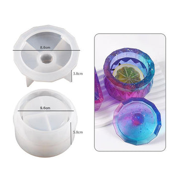 A silicon mould for making a storage jar. The image shows the mould from different angles, with one view focusing on the internal shape of the mould to create a smooth finish for resin casting, and another view displaying the finished product, which appears to be a decorative storage jar with a colorful lid.