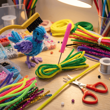 Crafteria 3-Piece Pipe Cleaner Crafting Tool Kit – Includes Wire Fluffing Brush, Precision Awl, and Craft Scissors for Shaping, Blending, and Cutting Chenille Stems