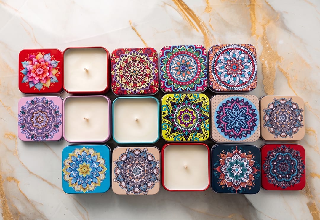 Crafteria 12 Pcs Square Shape Mandala Patten Tin Jar