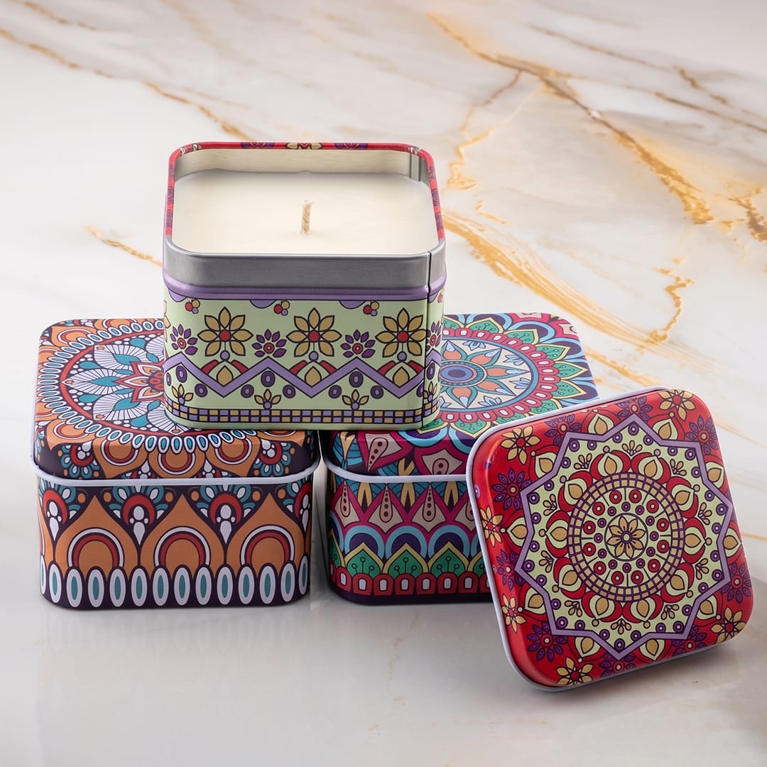 Crafteria 12 Pcs Square Shape Mandala Patten Tin Jar