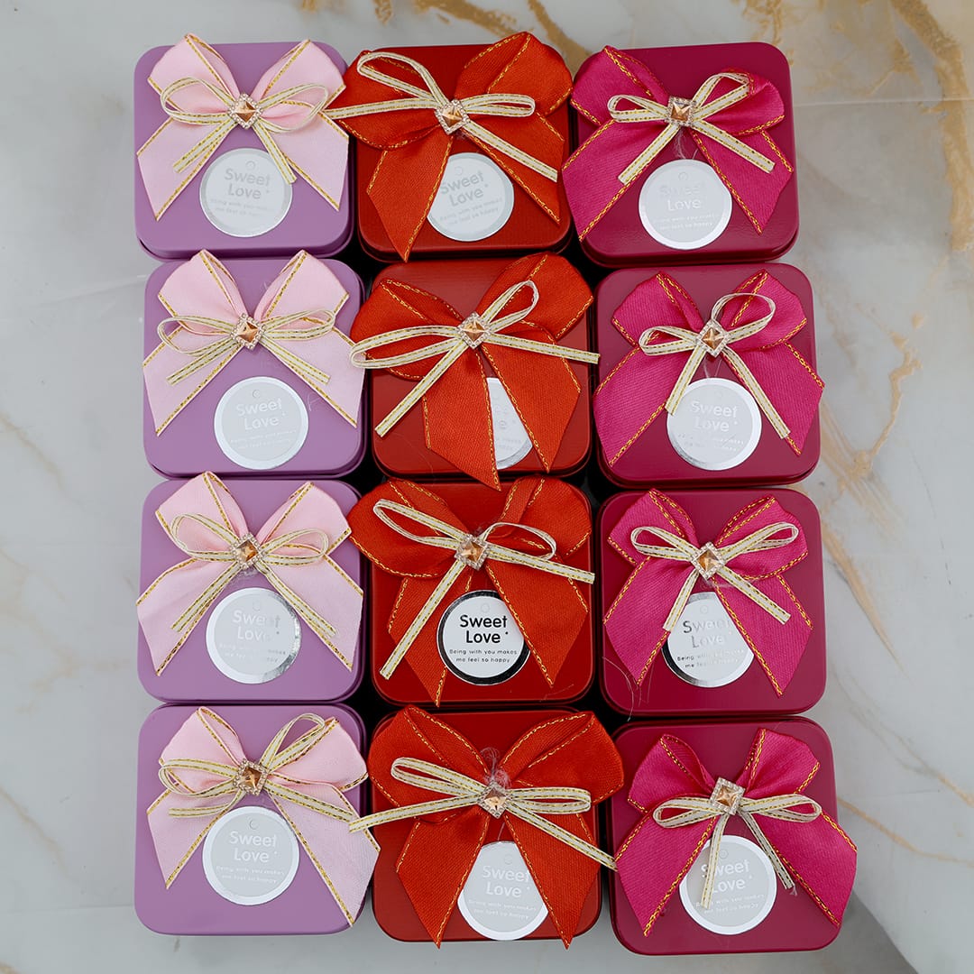 Crafteria 12 Pcs Square Shape Sweet Love With Bow Tin Jar